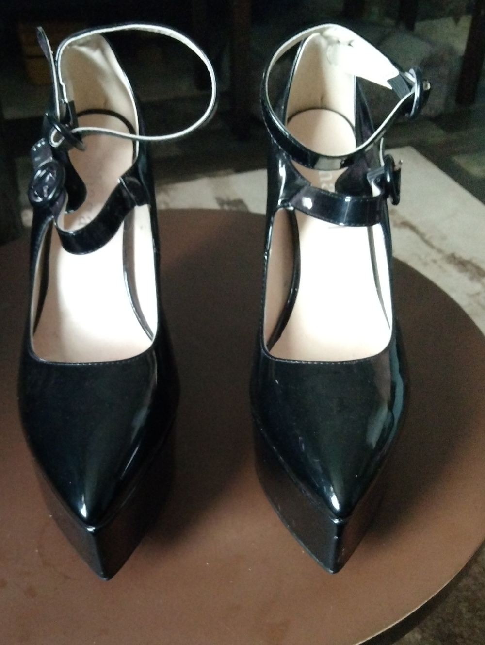 Patent Black Pointed-Toe Ankle-Strap Heels